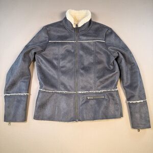 prAna Jacket Womens Large Gray ESME Faux Leather Sherpa Lined Full Zip